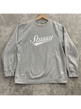Stussy Crewneck Sweater Mens XL Gray Polka Dot Pattern Script Logo Streetwear